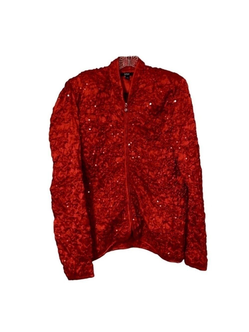 MSK Red Satin Sequin Quilt Crinkle Zipper Long Sleeve Jacket, L
Jacket Size